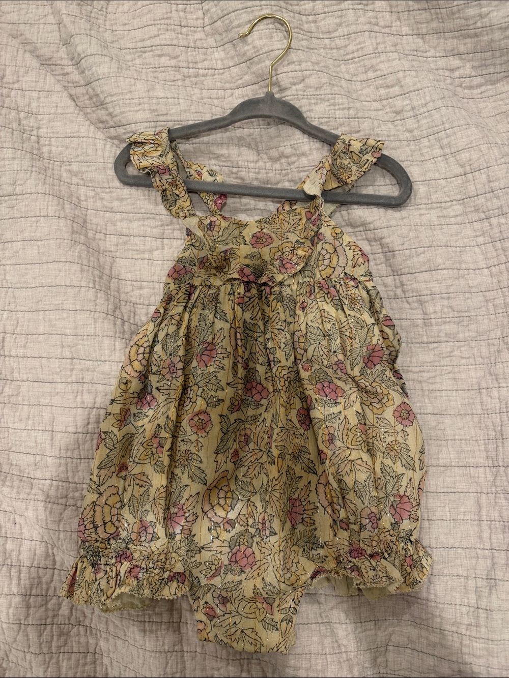 Girls' Floral Yellow Cotton Romper with Pink Accent
